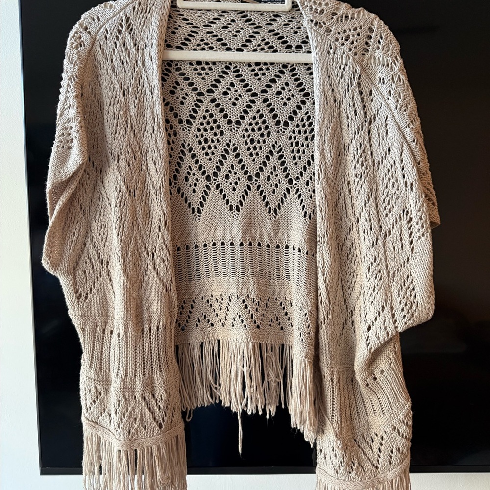 Atmosphere Beige Fringed Knit Poncho